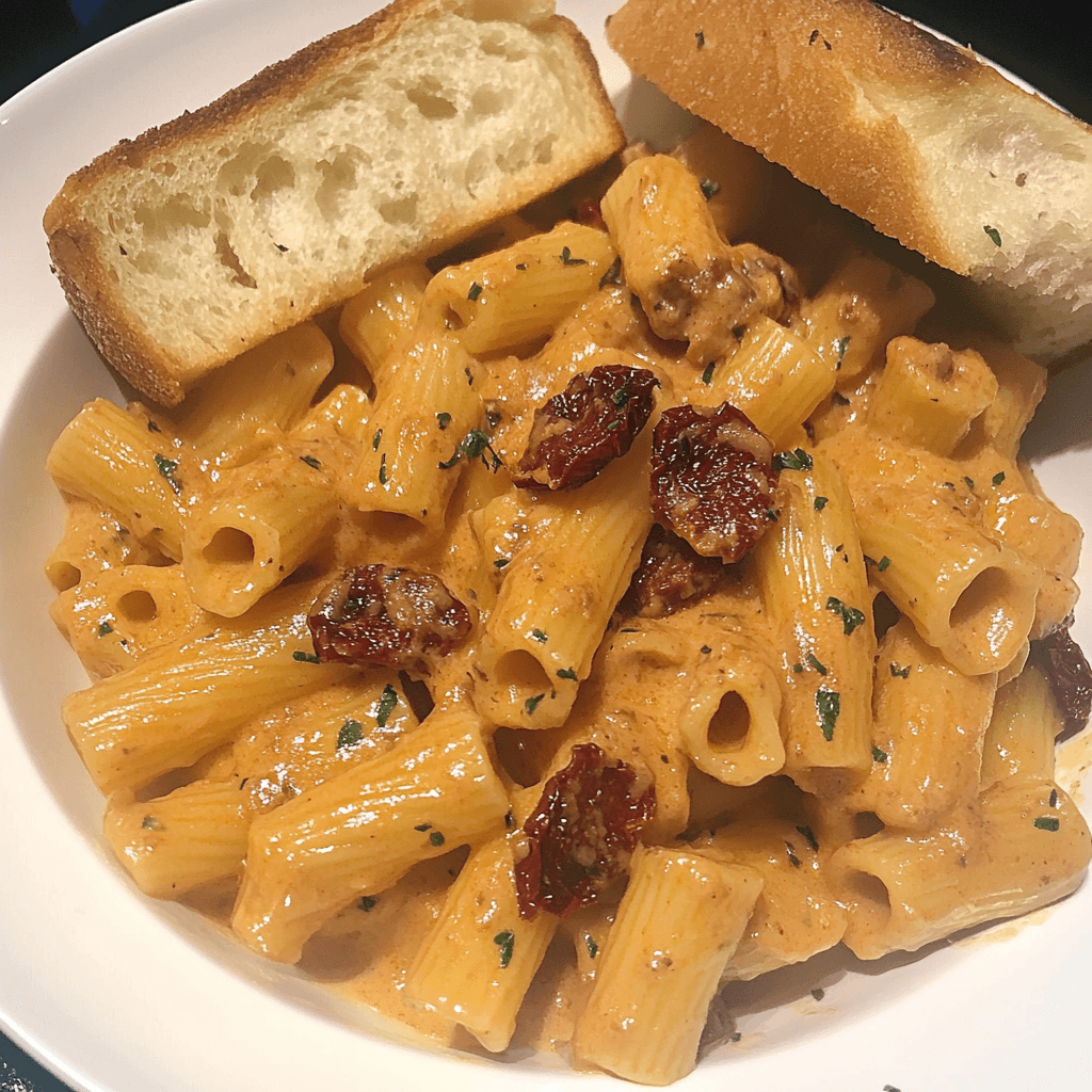 Building flavor in sausage sun dried tomato pasta with sausage, garlic, and sun-dried tomatoes in a skillet