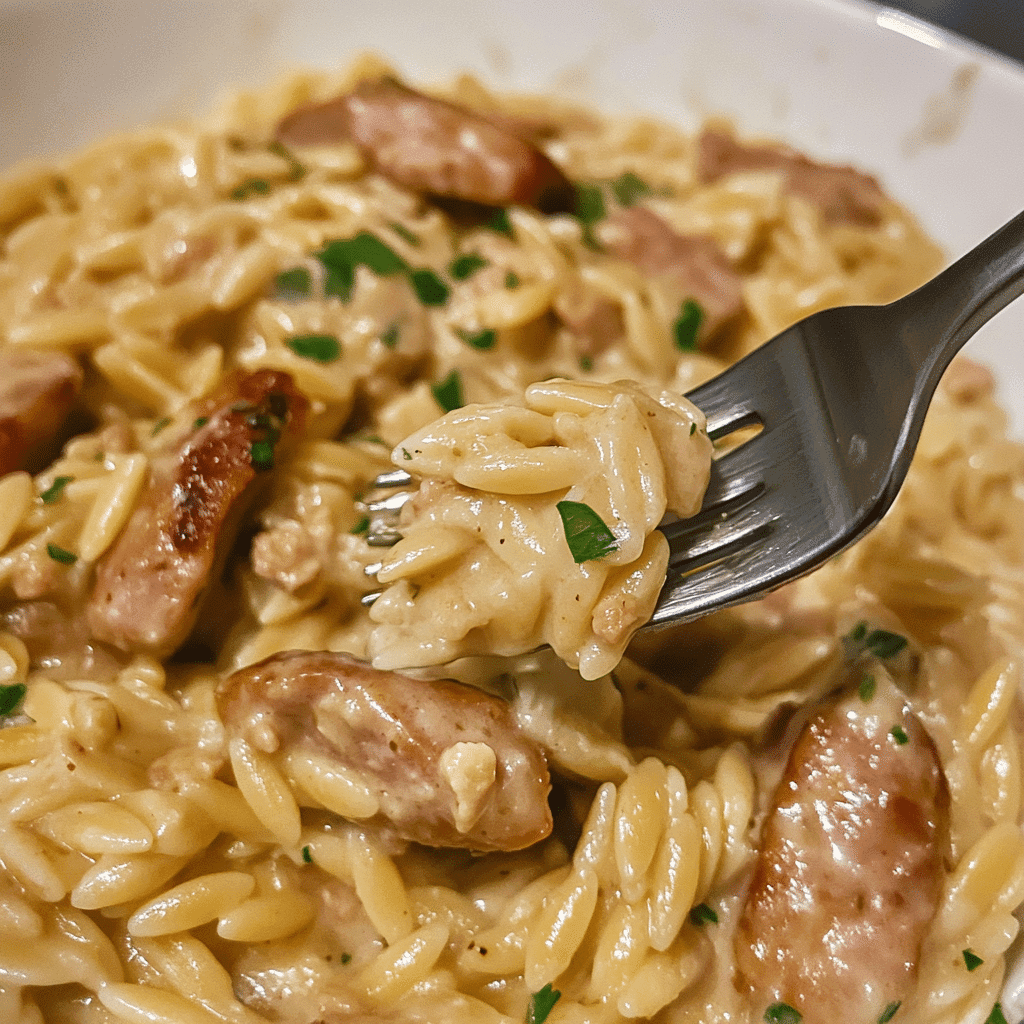 Chicken and sausage orzo pasta served in a skillet with creamy sauce, showing the inspiration behind the recipe