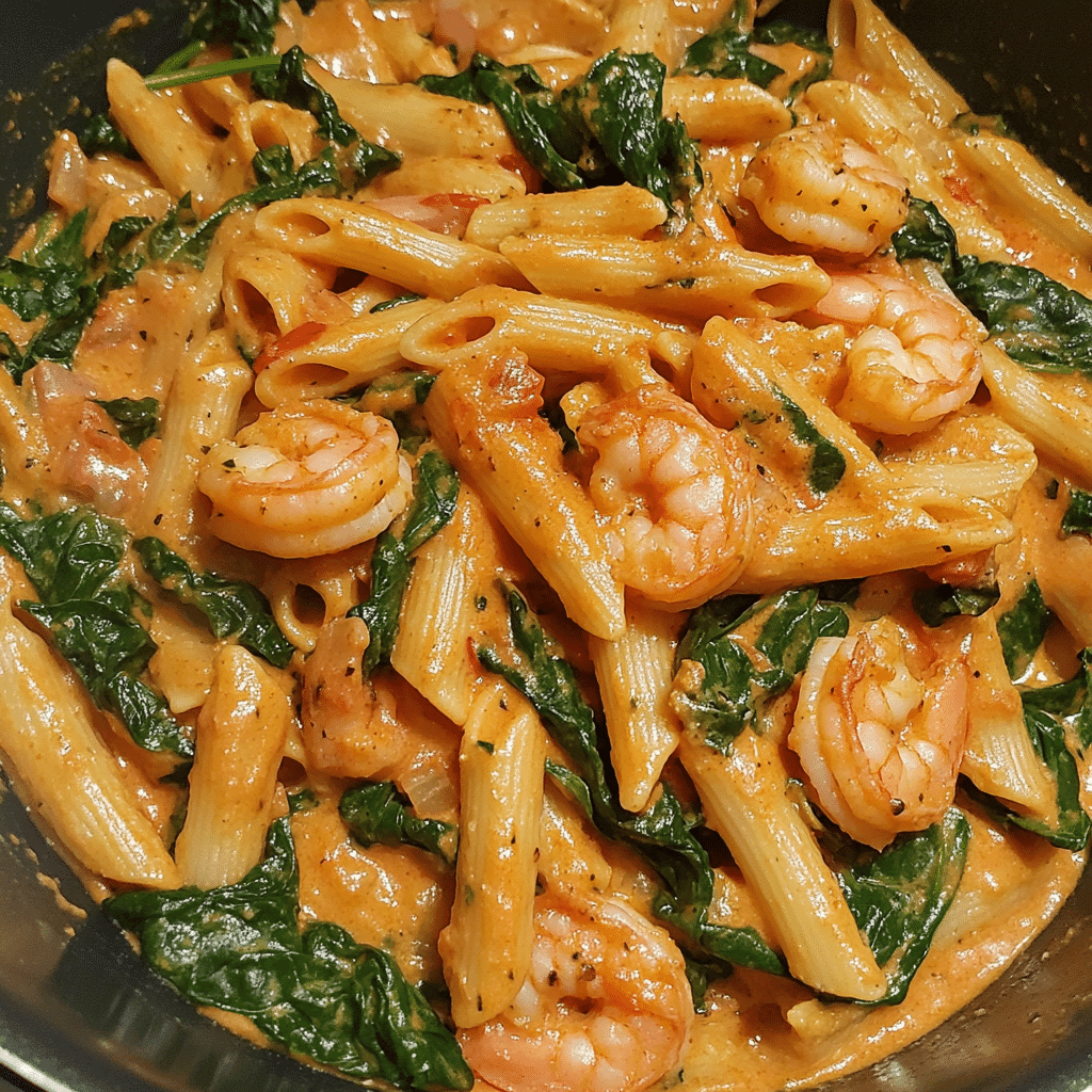 One Pot Creamy Tomato Spinach Shrimp Pasta