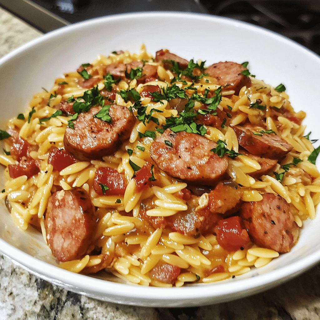 chicken and sausage orzo pasta served creamy in a skillet with parsley garnish