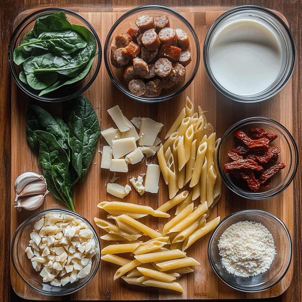 creamy tuscan sausage pasta ingredients arranged on a wooden board including sausage, pasta, spinach, and sun-dried tomatoes