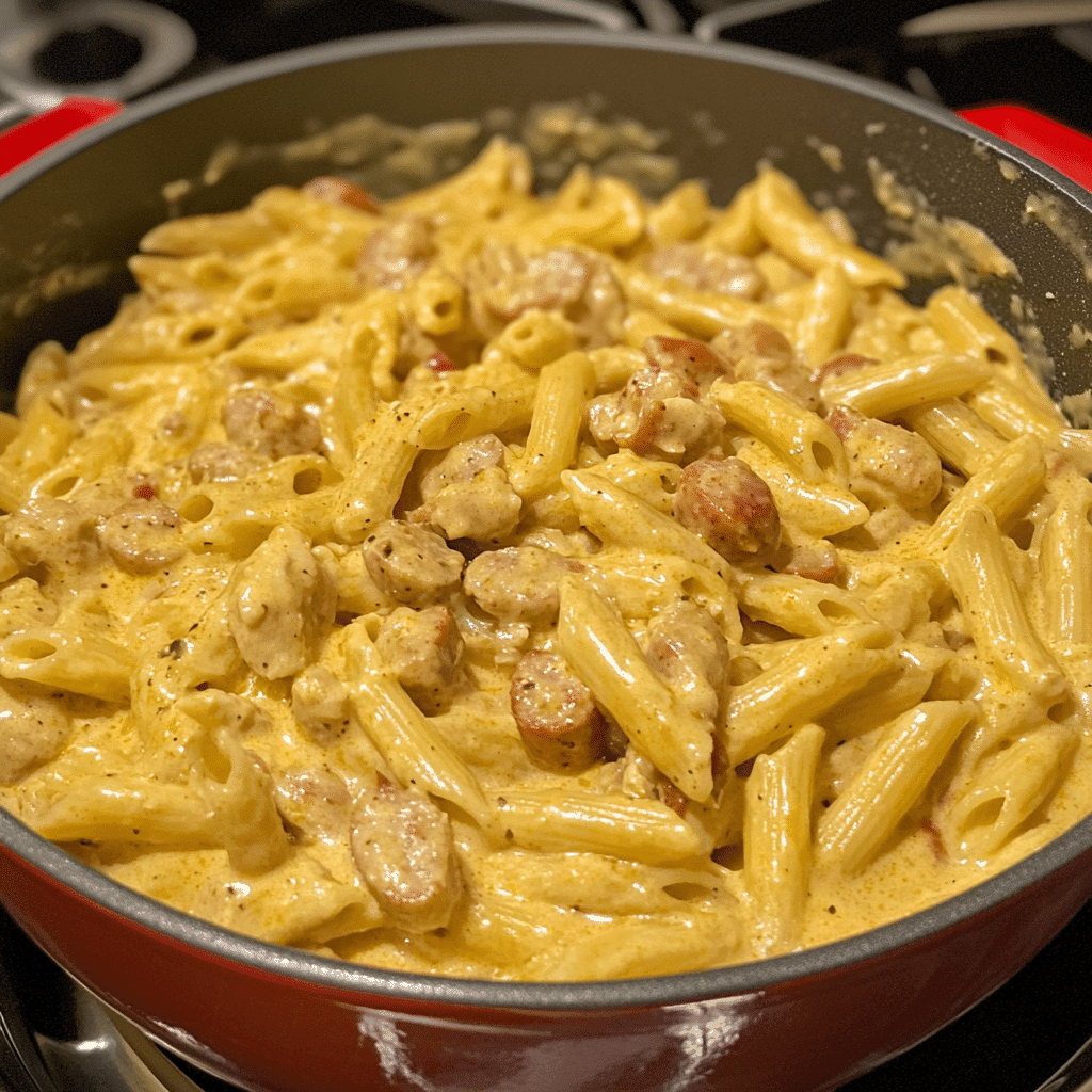 Raw ingredients for creamy chicken and sausage pasta arranged on a wooden board