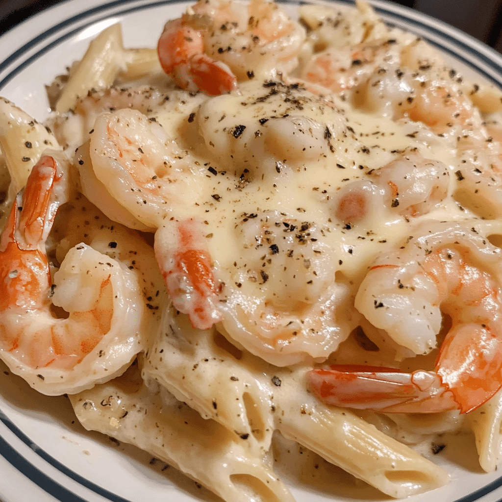 Flat lay of raw ingredients for creamy jerk shrimp pasta including shrimp, pasta, cream, jerk seasoning, and herbs