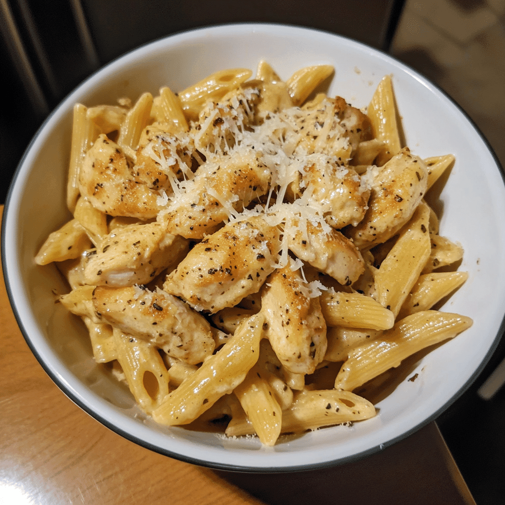 Flat lay of ingredients for garlic butter chicken bites with creamy parmesan pasta on a wooden board