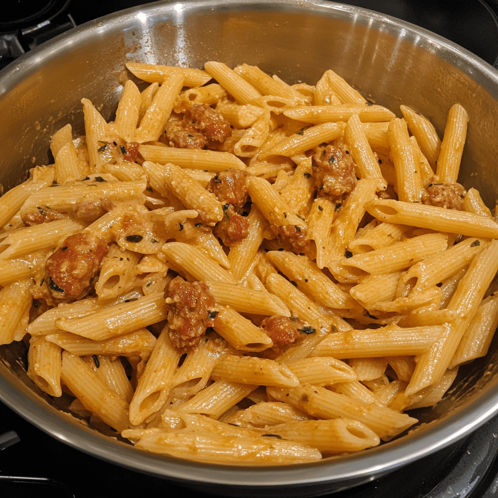 creamy tuscan sausage pasta in a rustic bowl with warm lighting and vintage setting