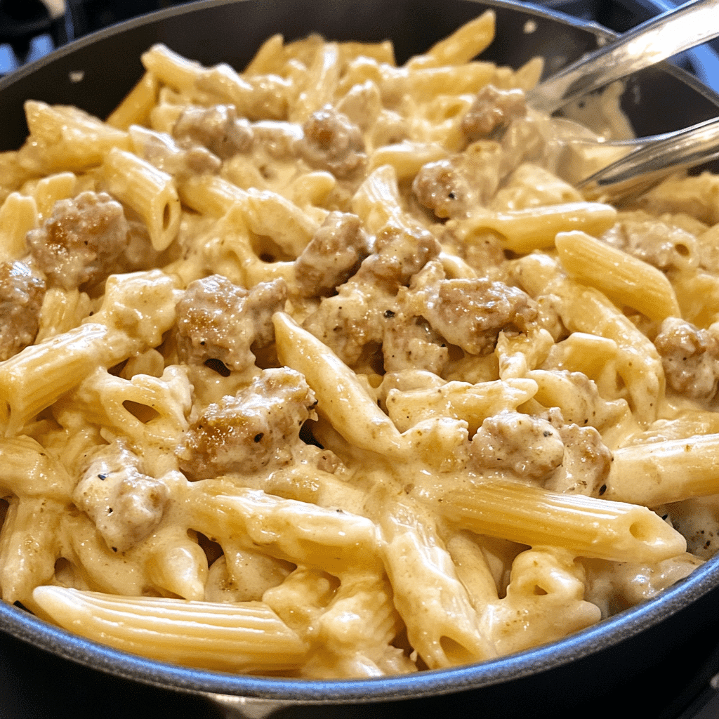 A comforting bowl of creamy turkey sausage pasta with steam rising