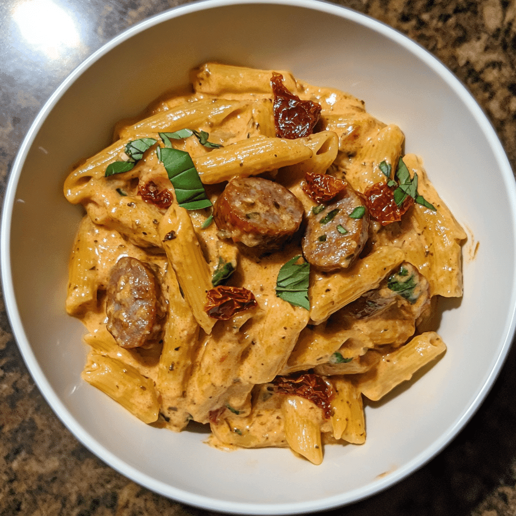 The story behind sausage sun dried tomato pasta with rustic cooking elements
