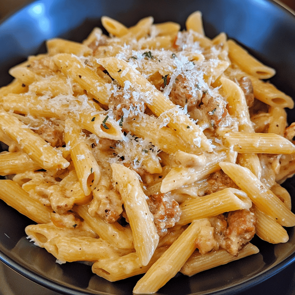 Flat lay of raw ingredients for creamy turkey sausage pasta on a wooden board
