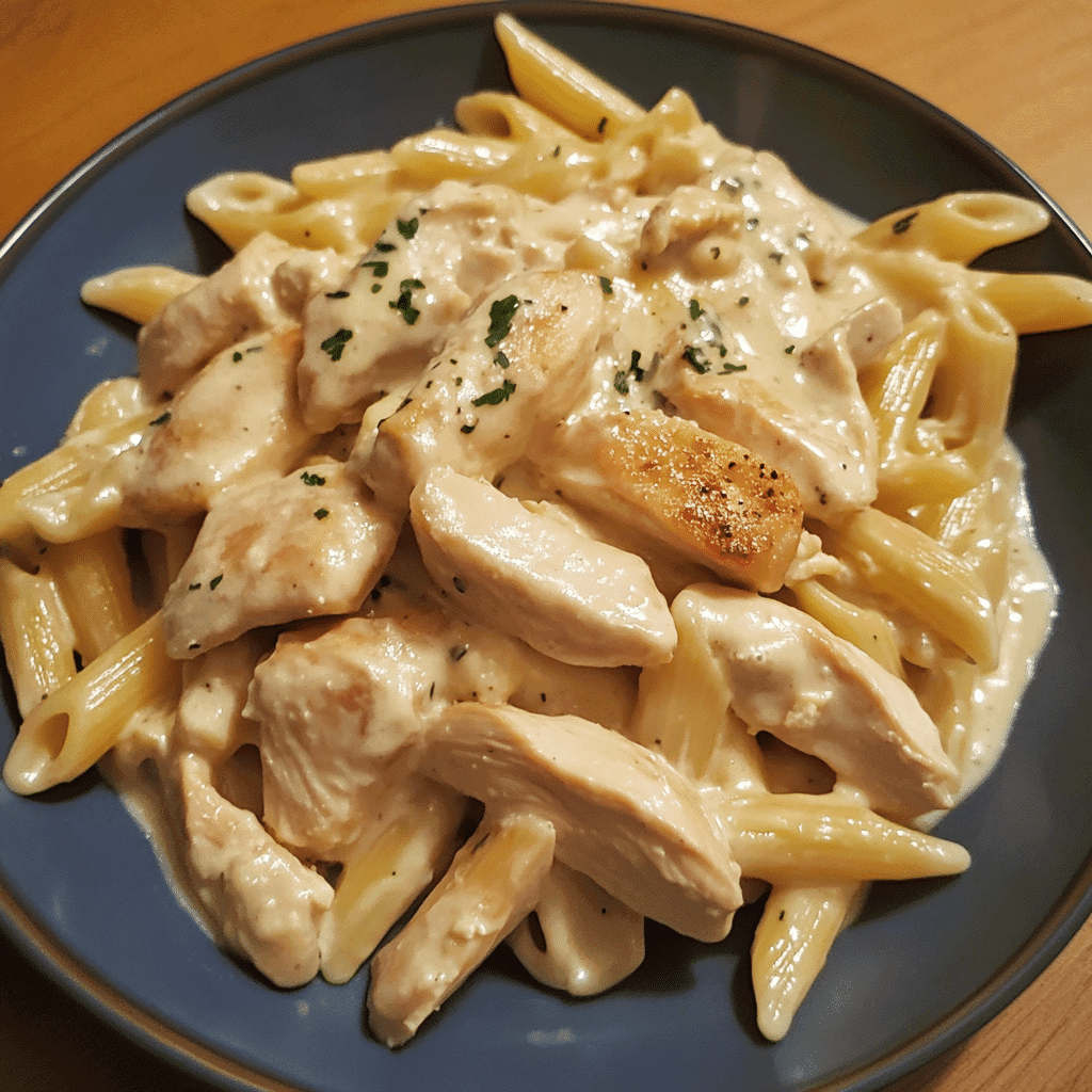 Boursin cheese pasta with chicken served in a cozy home setting